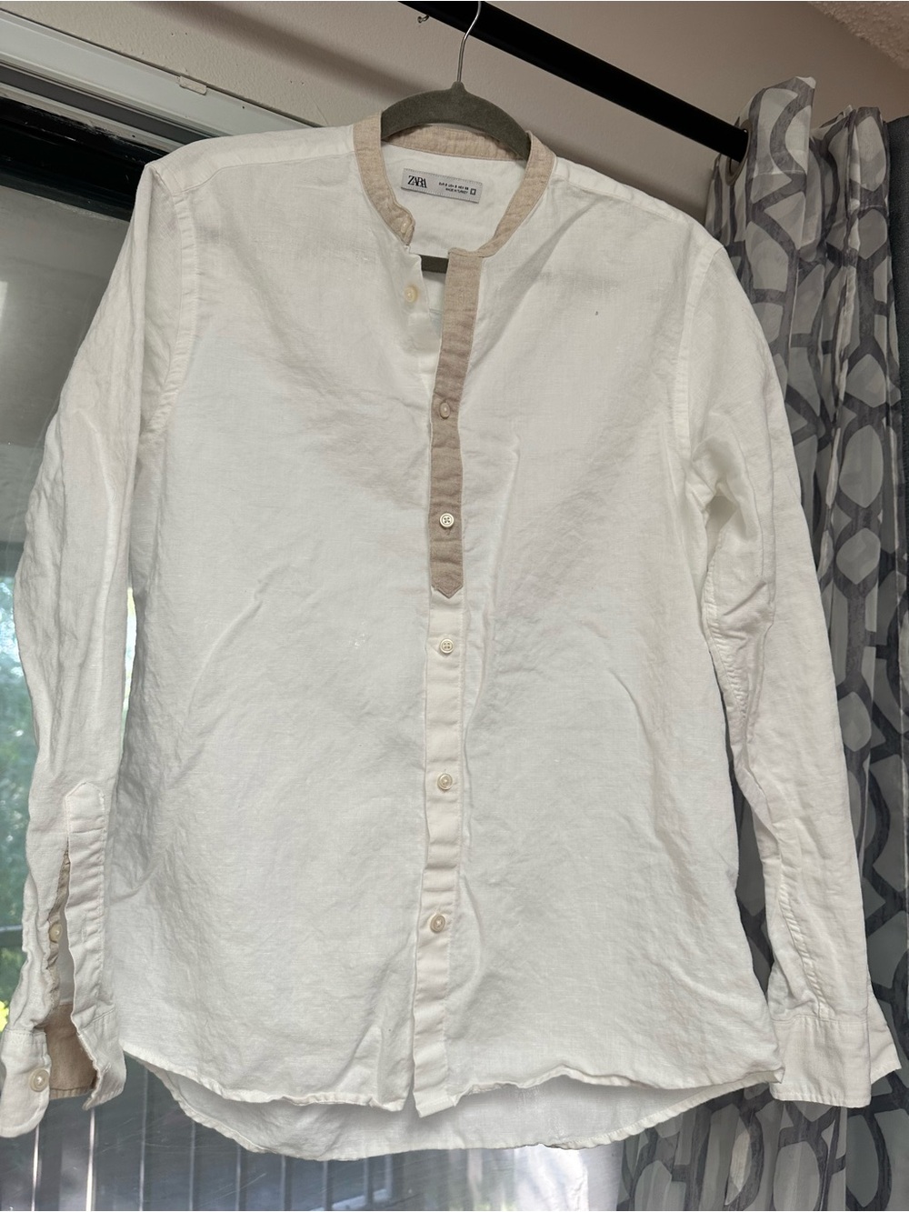 ZARA White Grandad Collar Shirt with Tan Contrast Trim